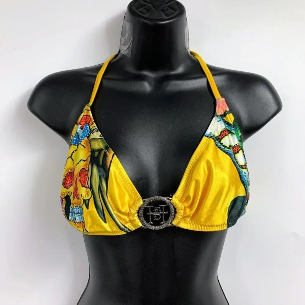 Ed Hardy Women's Vintage Y2K Classic Skull & Love Medallion Bikini Top Size M‎